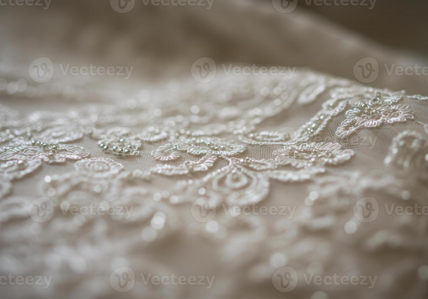 A close up view highlights the intricate lace and beadwork of a luxurious wedding dress. photo