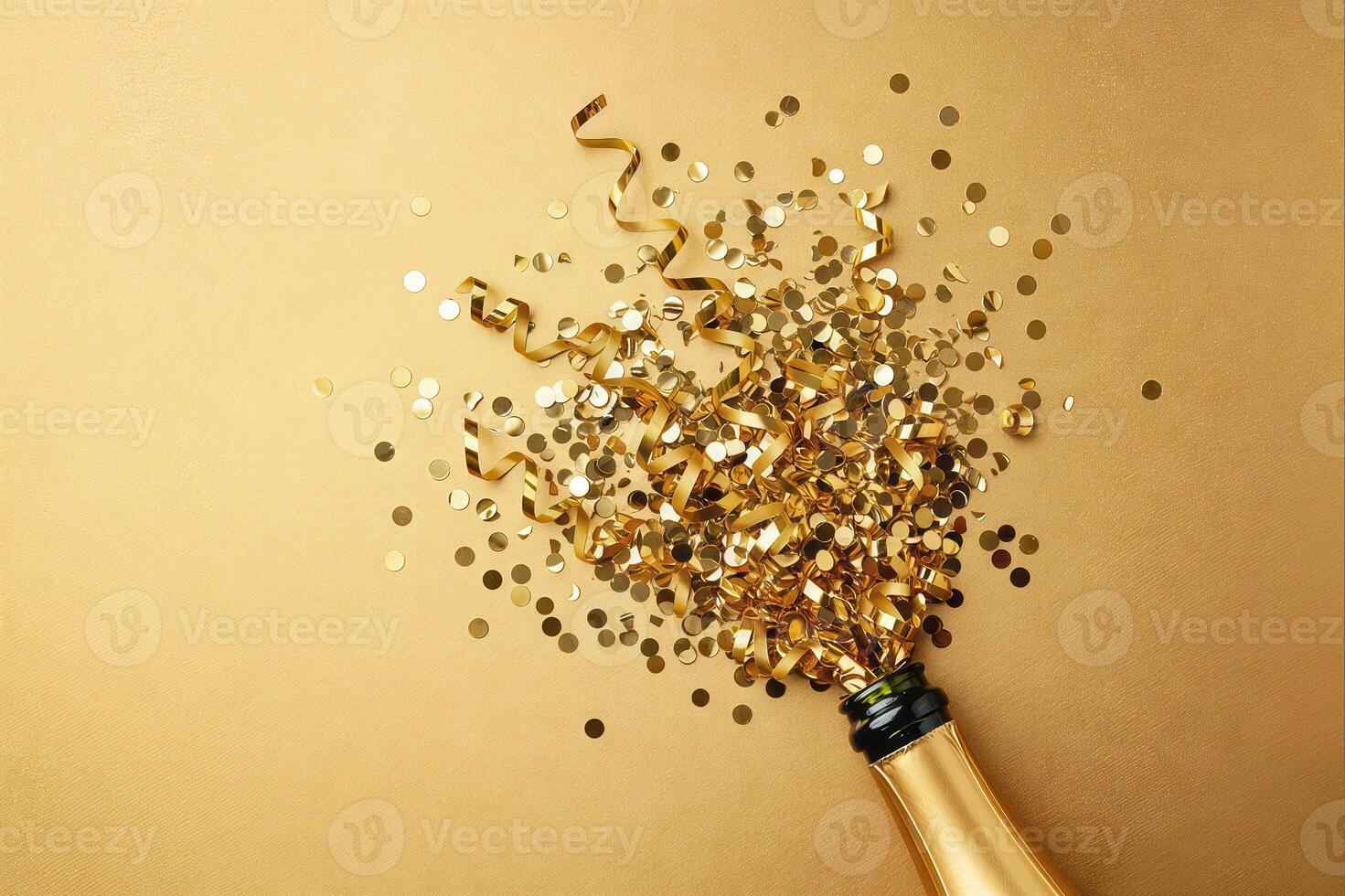 A champagne bottle erupts with golden confetti and ribbons, perfect for celebration. photo