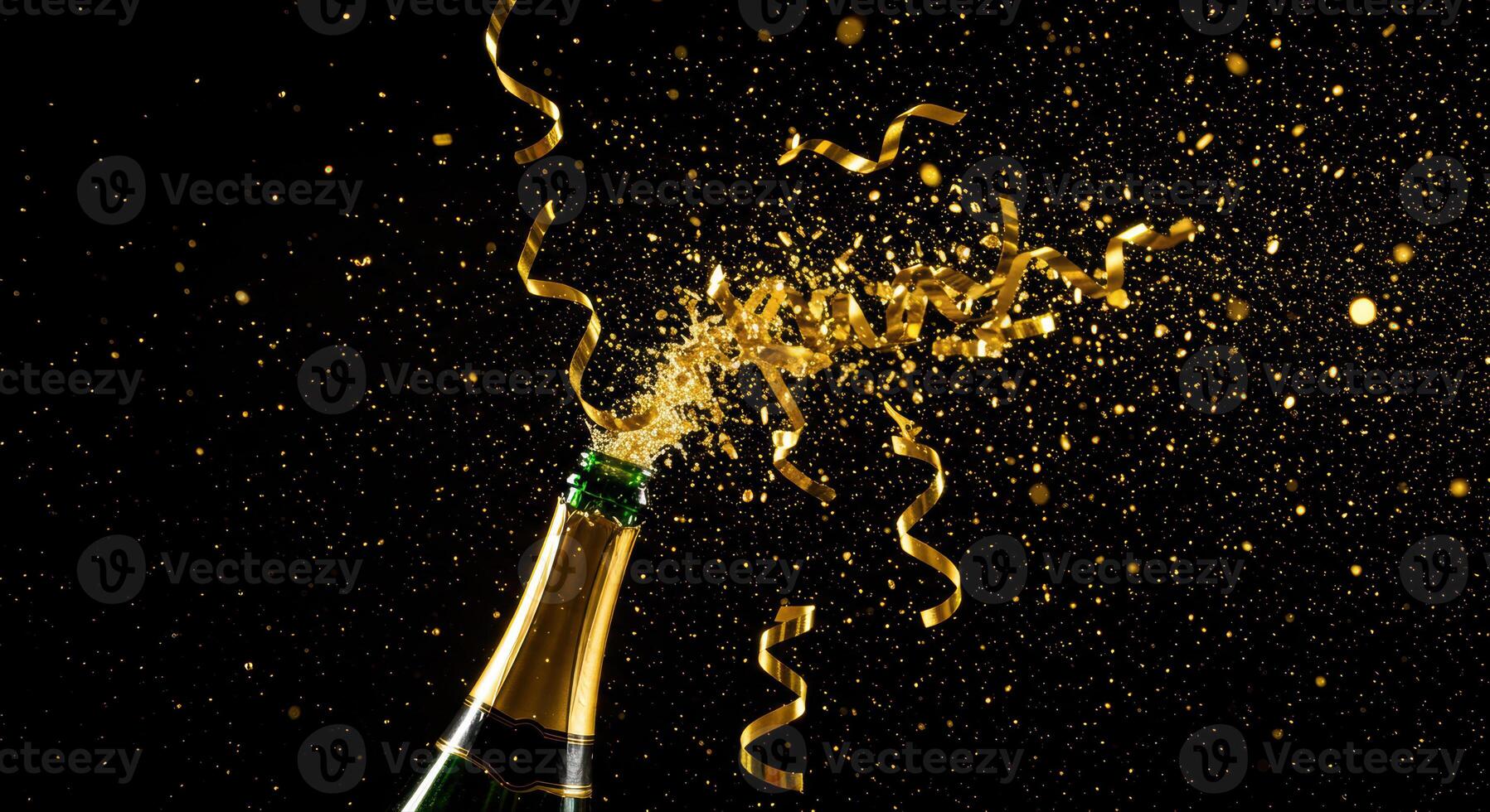A champagne bottle pops, releasing golden ribbons and confetti on a dark, celebratory background. photo