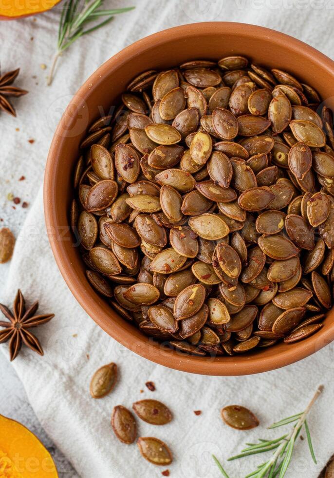 Roasted pumpkin seeds in a ceramic bowl, with herbs and spices, displayed on a table. photo