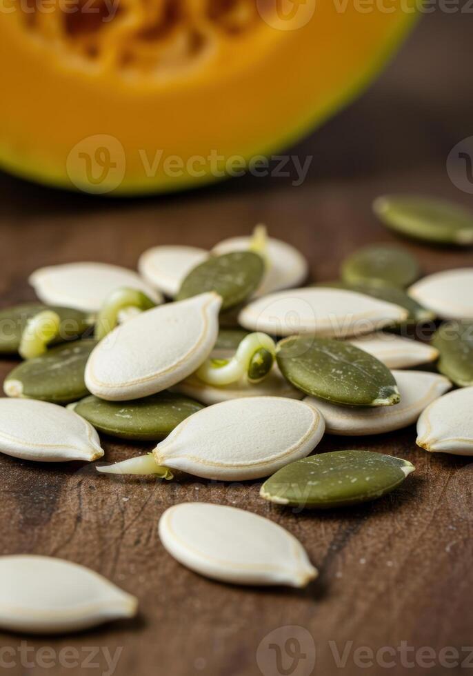 A close-up shot featuring pumpkin seeds, some with small sprouts visible. photo
