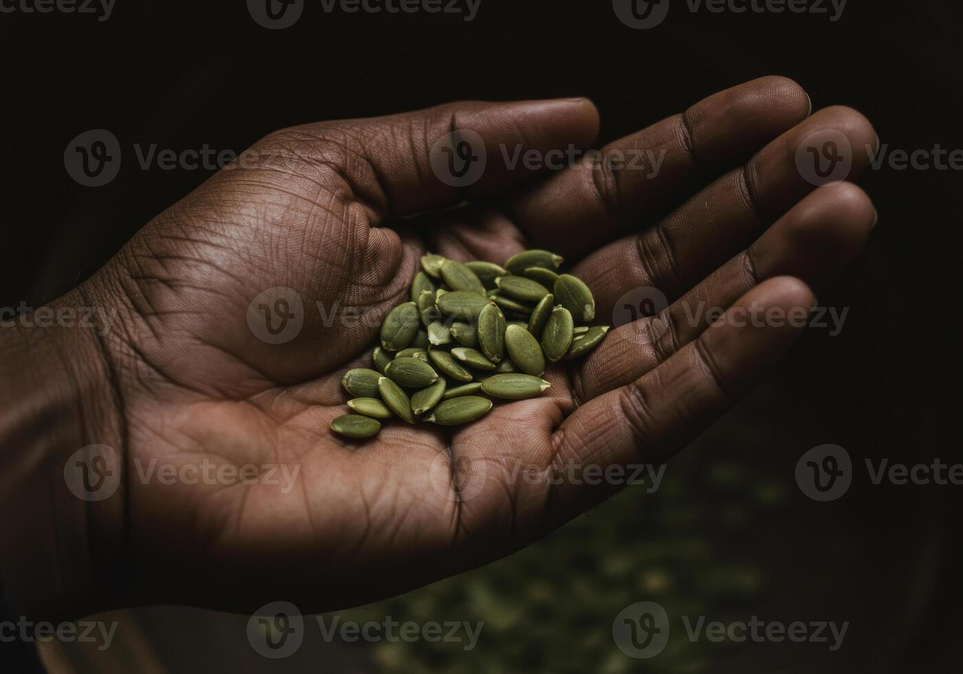 An open palm holds a pile of fresh green pumpkin seeds, ready for the harvest. photo