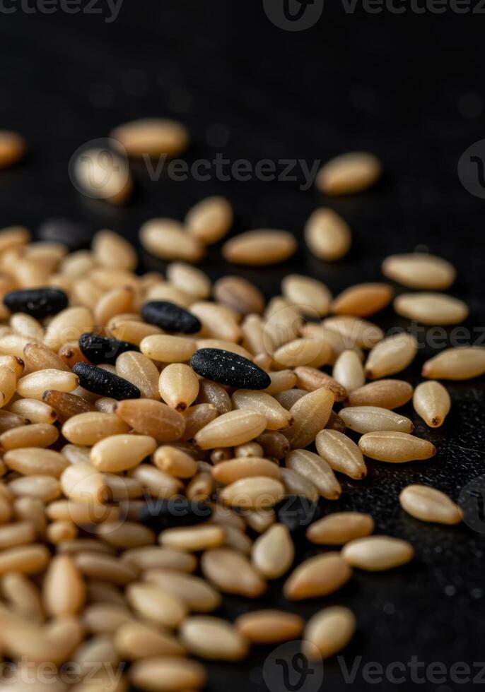 A macro shot showing a mix of sesame seeds, showcasing their different colors and textures. photo