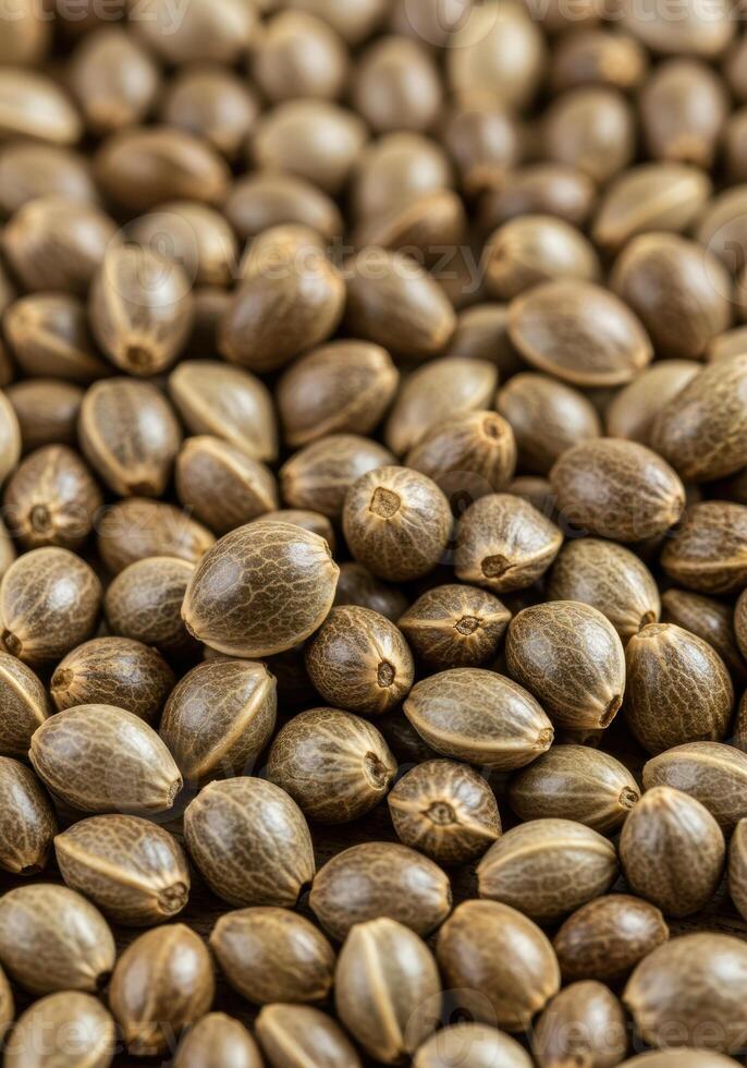 A close up view of many cannabis seeds, creating a natural and detailed background. photo