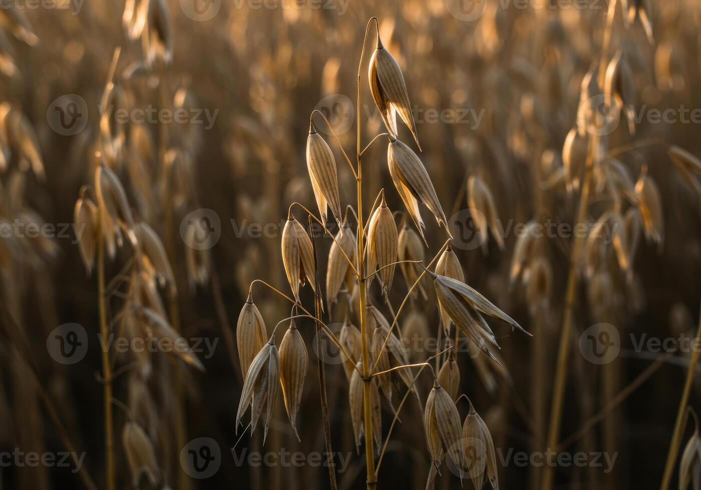 Detailed view of oat plants with a beautiful golden light in a sunlit field. photo