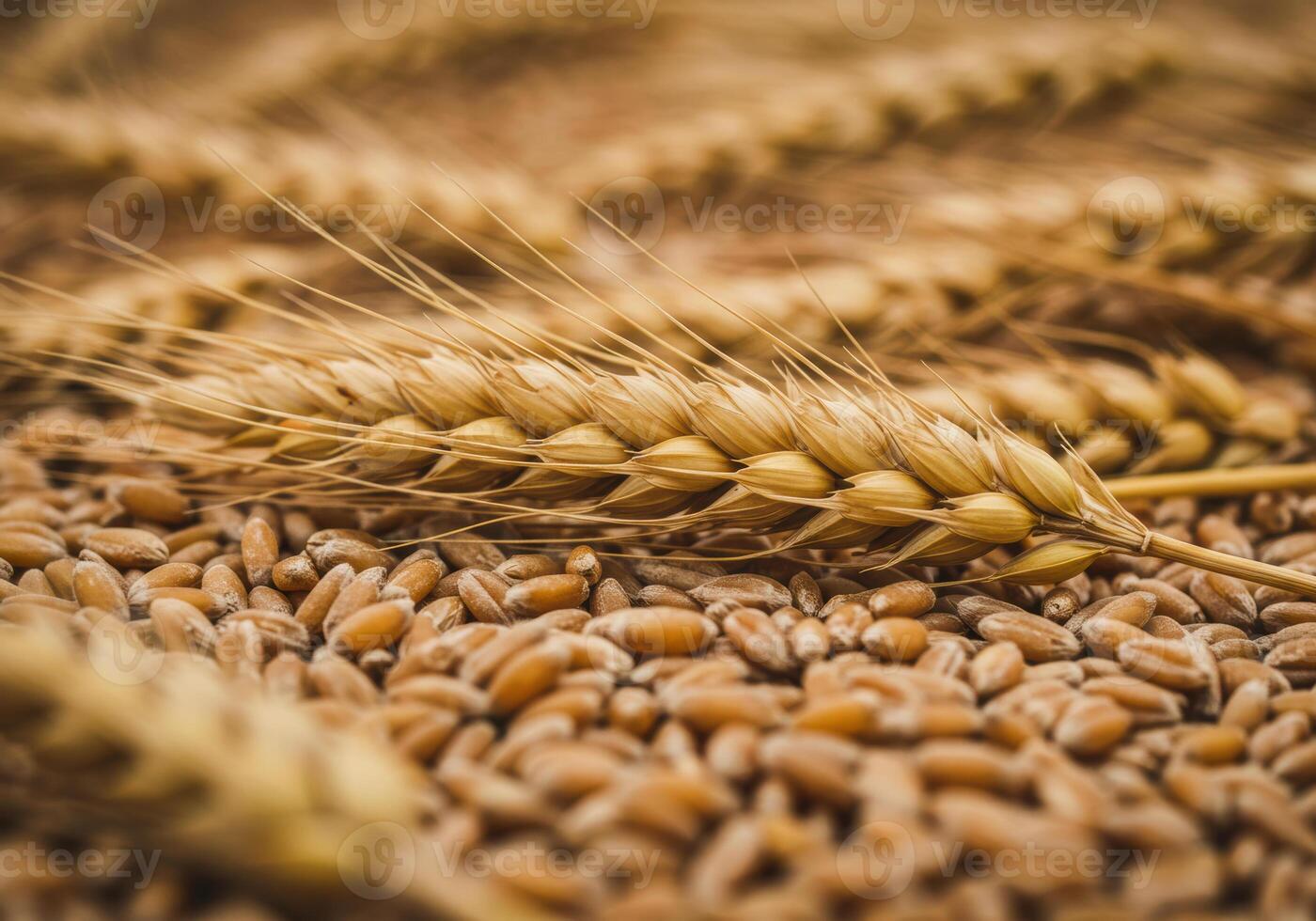 A detailed, close up shot of wheat grains and a prominent ear of wheat. photo