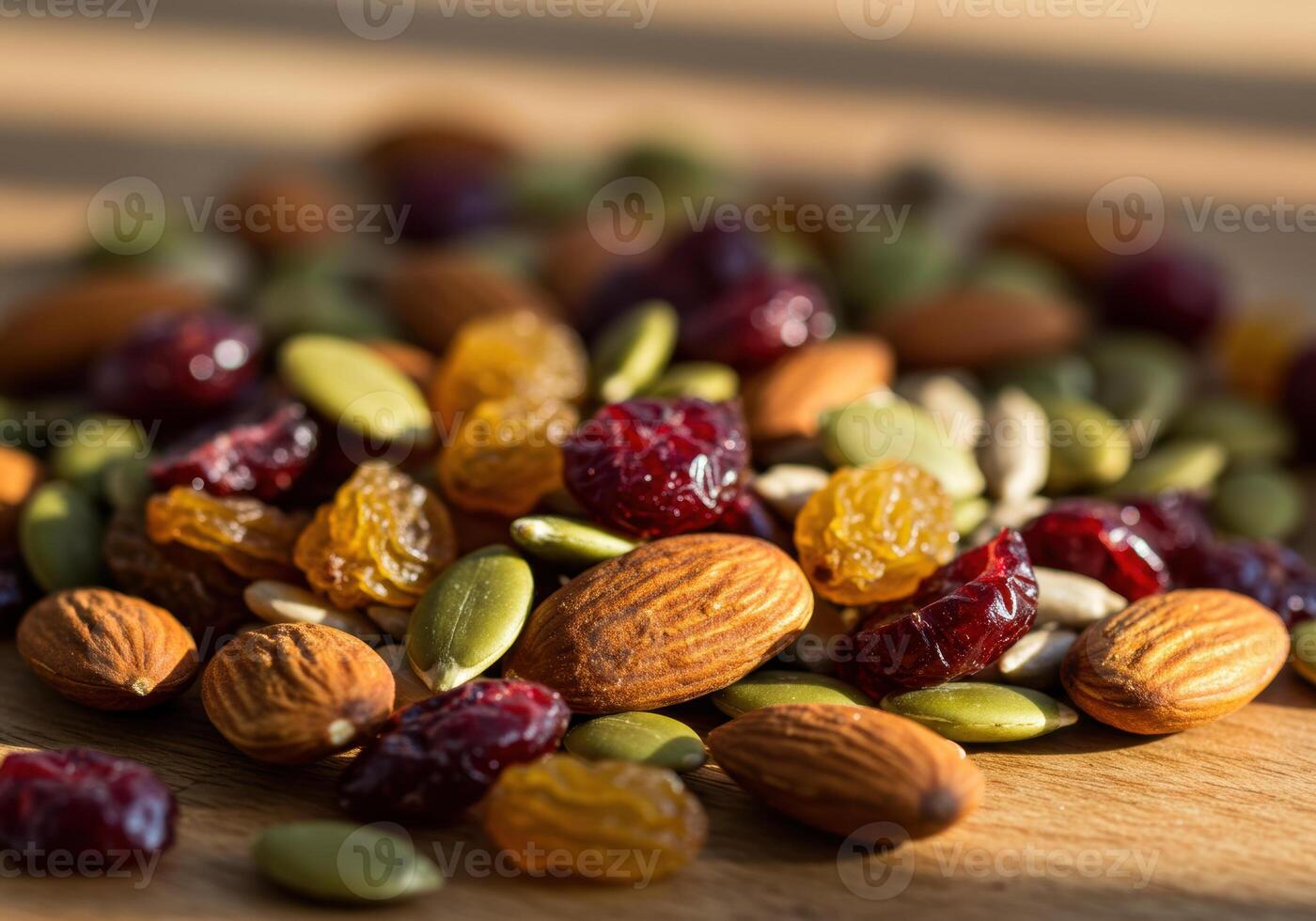 A delightful assortment of almonds, cranberries, raisins, and pumpkin seeds arranged. photo