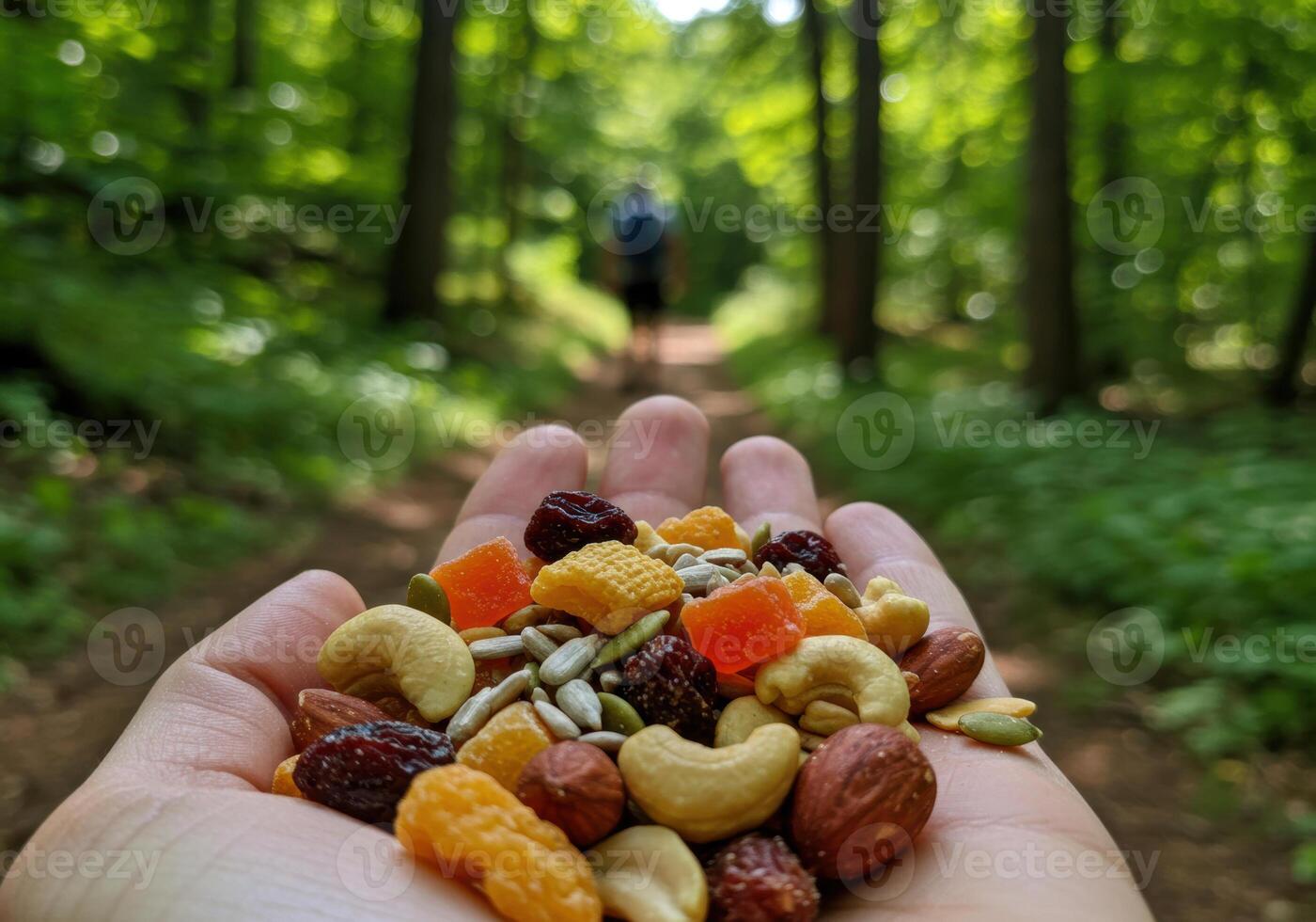 A hand holds a mix of trail mix, showcasing a healthy snack while hiking. photo