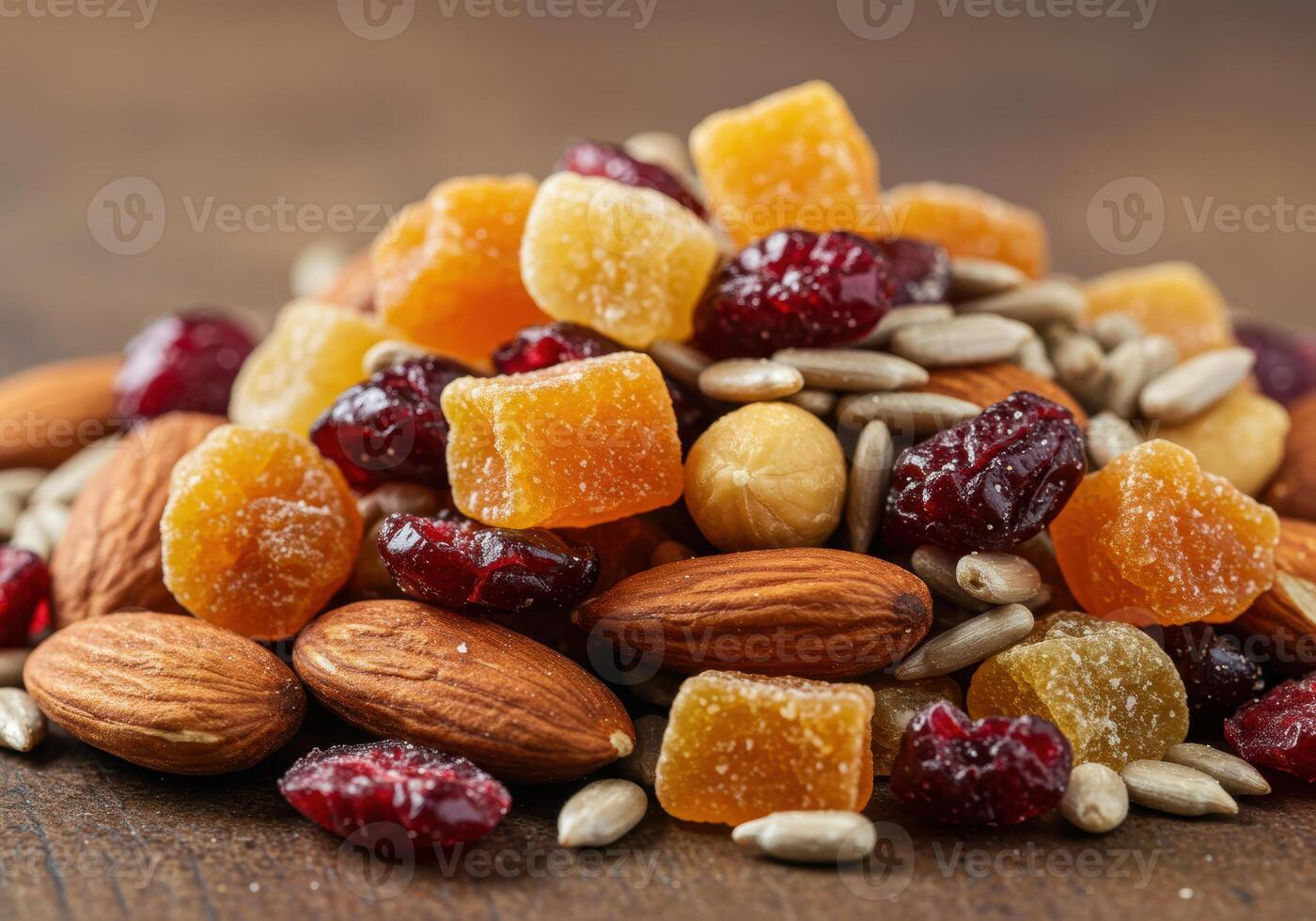 A delightful arrangement of mixed nuts and dried fruits offering a nutritious snack. photo