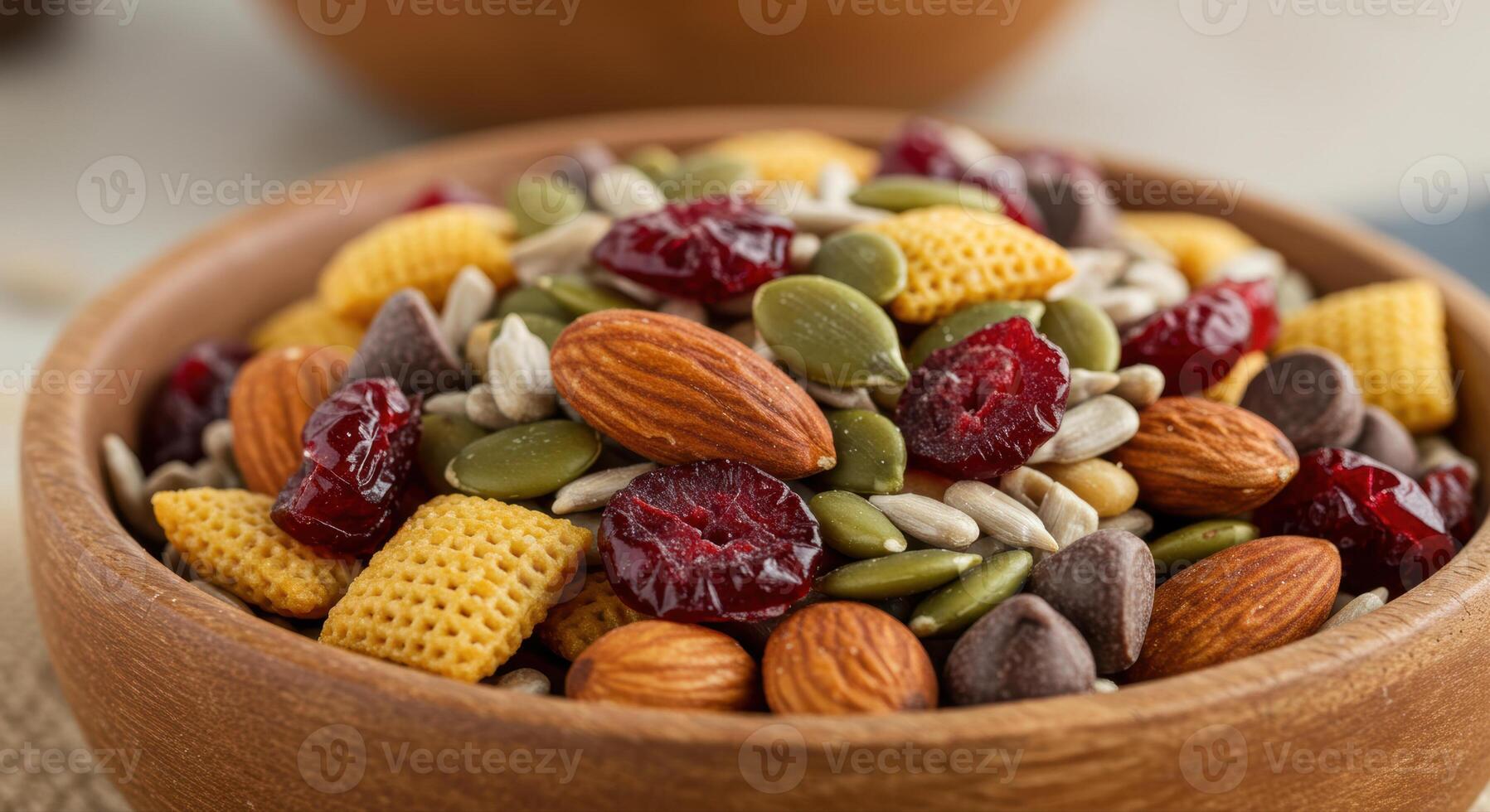 A delicious bowl of trail mix filled with a variety of nuts, seeds, and dried cranberries. photo