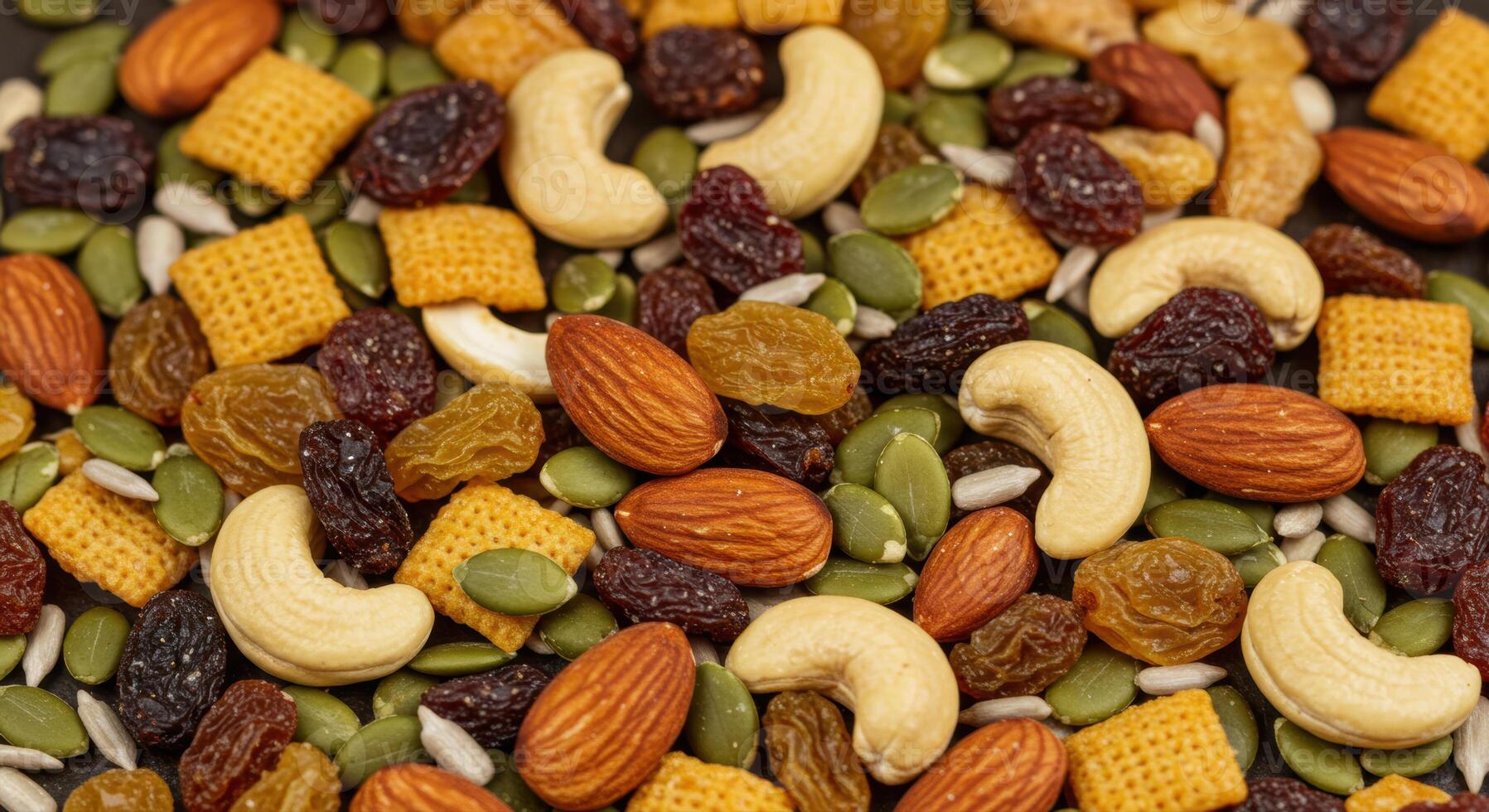 A vibrant assortment of nuts, seeds, dried fruit and crunchy snacks. photo