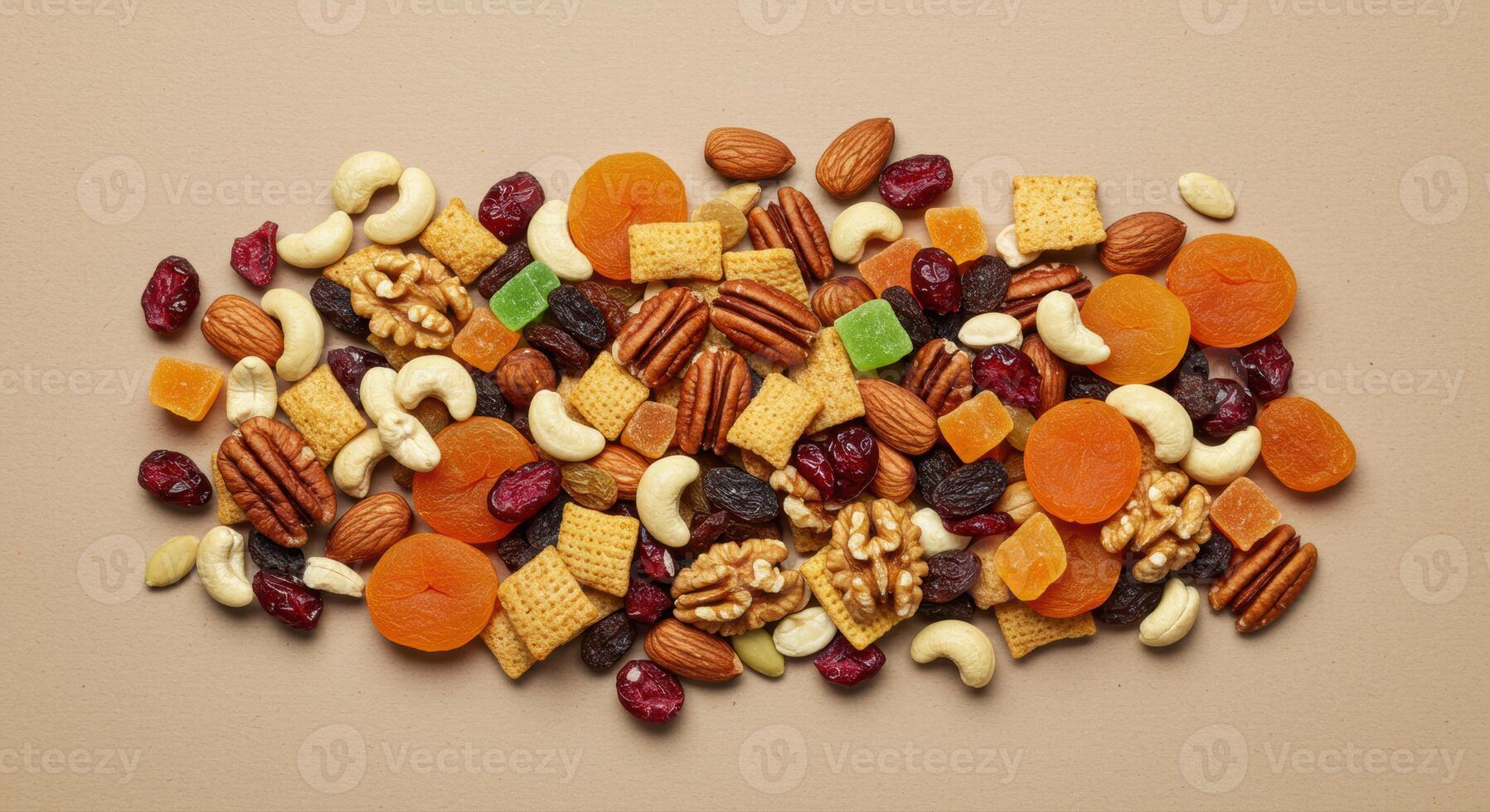 A colorful arrangement of assorted nuts, dried fruits, and crackers, creating a tasty snack. photo