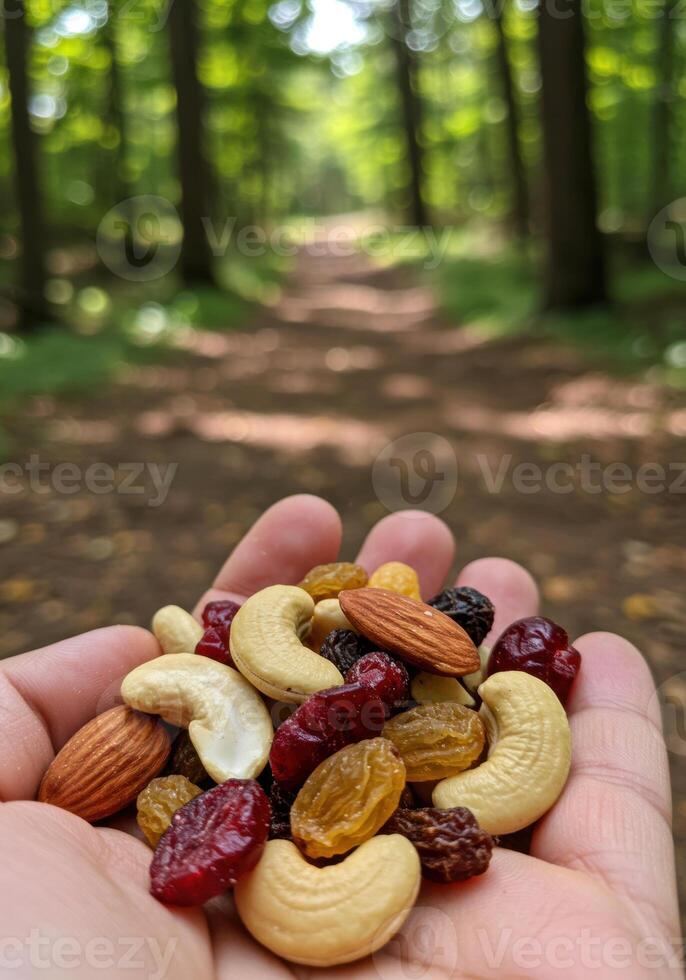 Handful of mixed nuts and dried fruits offered against a blurred forest background. photo