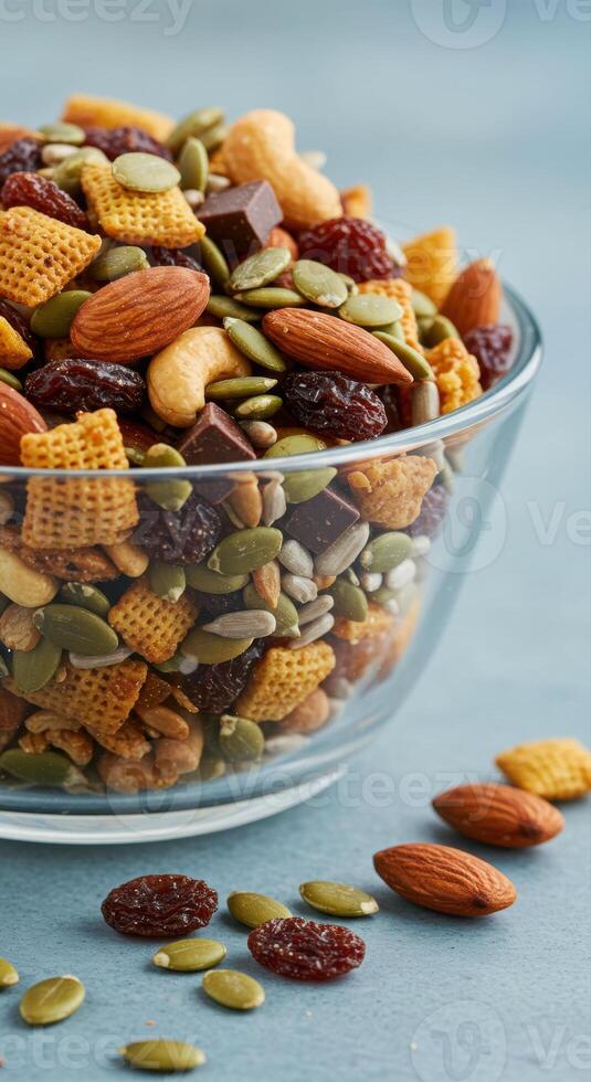 A vibrant and appetizing trail mix overflowing in a clear glass bowl. photo