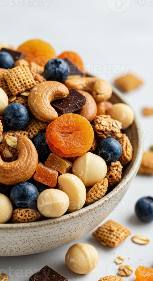 A delicious bowl of mixed nuts, dried fruits, and chocolate offers a healthy snack option. photo