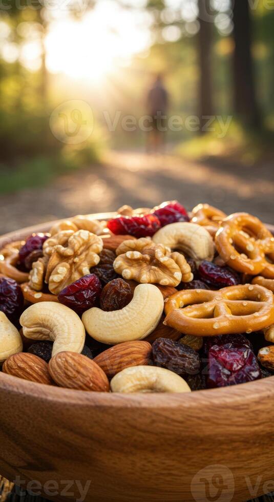 A rustic wooden bowl is filled with a colorful and healthy trail mix of nuts and dried fruits. photo