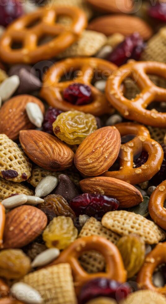 A delightful assortment of pretzels, almonds, and cranberries, a perfect snack mix. photo