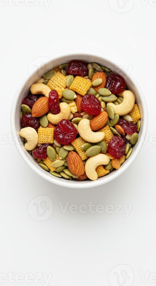 A delightful bowl of trail mix, showcasing a mix of nuts, seeds, and dried cranberries. photo