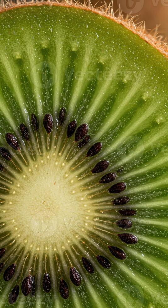 A stunning macro photograph captures the vibrant details inside a sliced kiwi fruit with dark seeds. photo