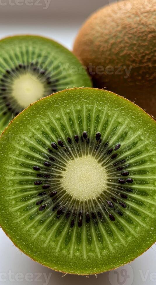 A detailed view reveals the vibrant green flesh and black seeds inside a sliced kiwi. photo