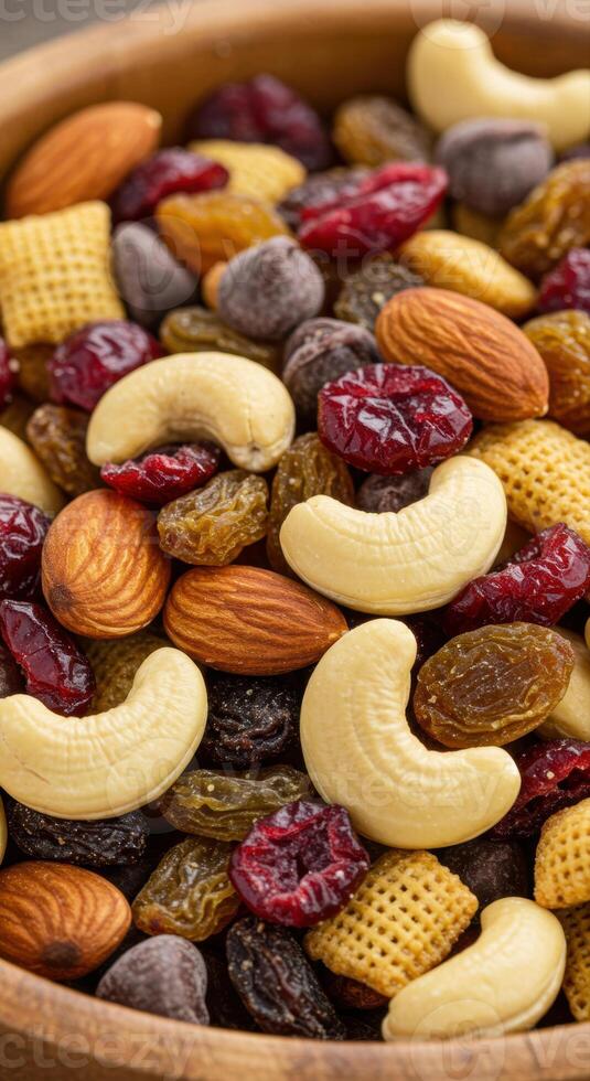 Close up of assorted trail mix including nuts, dried fruits, and crunchy snacks. photo