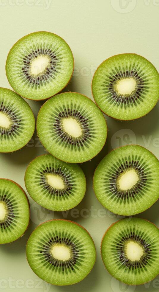 A vibrant display of sliced kiwi fruit, showcasing their internal texture and delicious appeal. photo