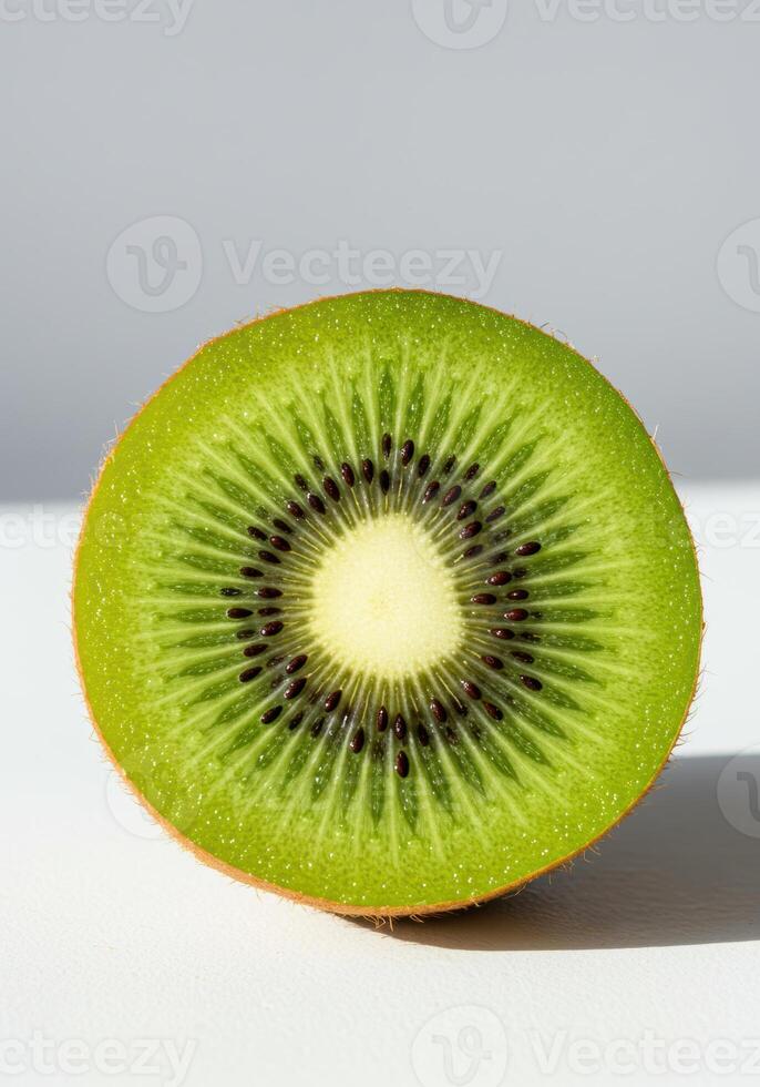 A vibrant slice of kiwi fruit, showcasing its refreshing green flesh and black seeds in detail. photo