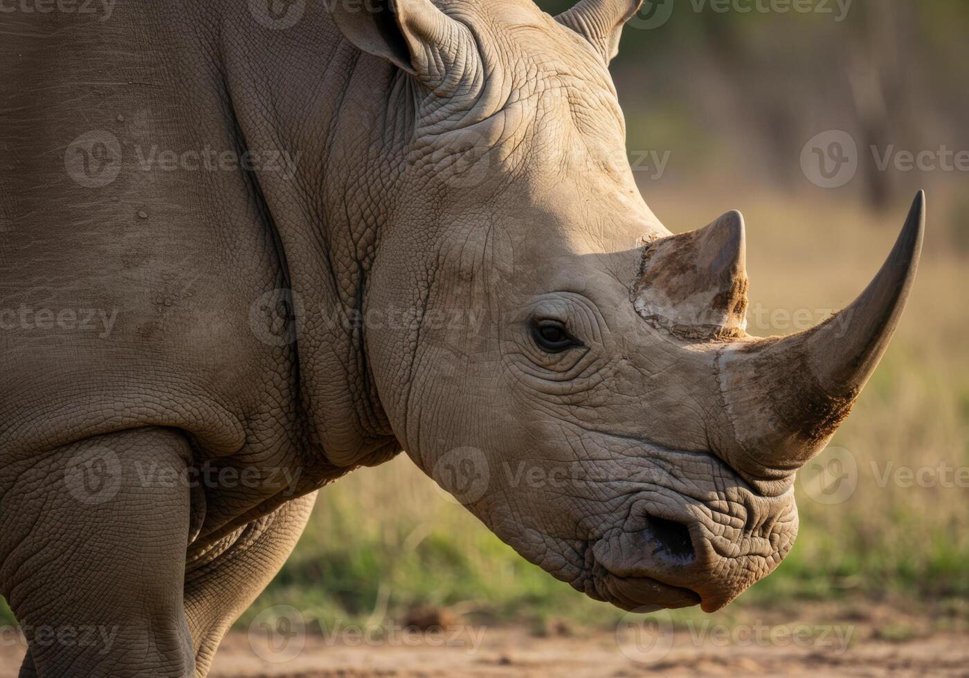A stunning close-up portrait of a rhinoceros, showcasing its impressive horn and textured skin. photo