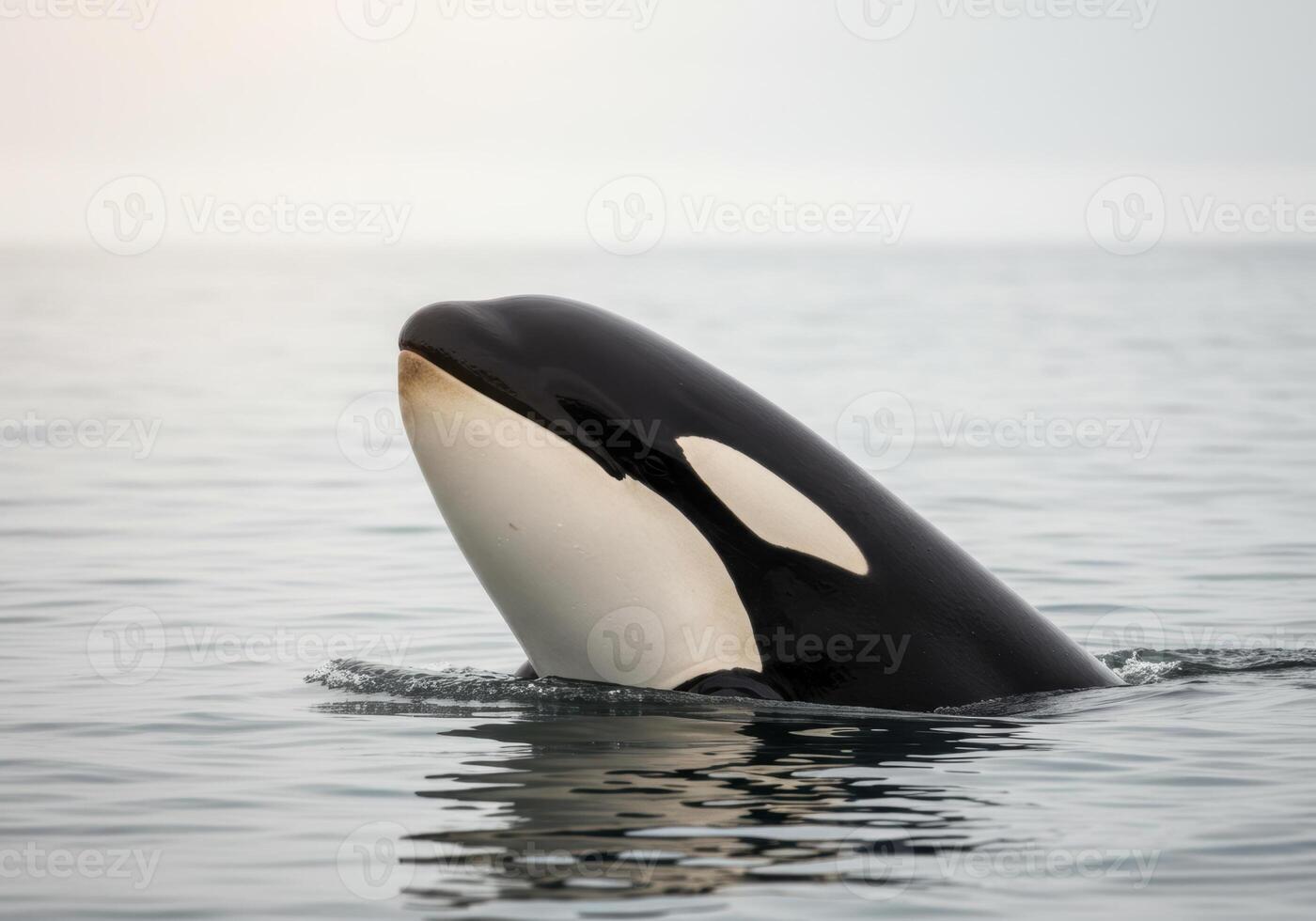 A stunning view of a killer whale as it surfaces above the water's calm surface. photo