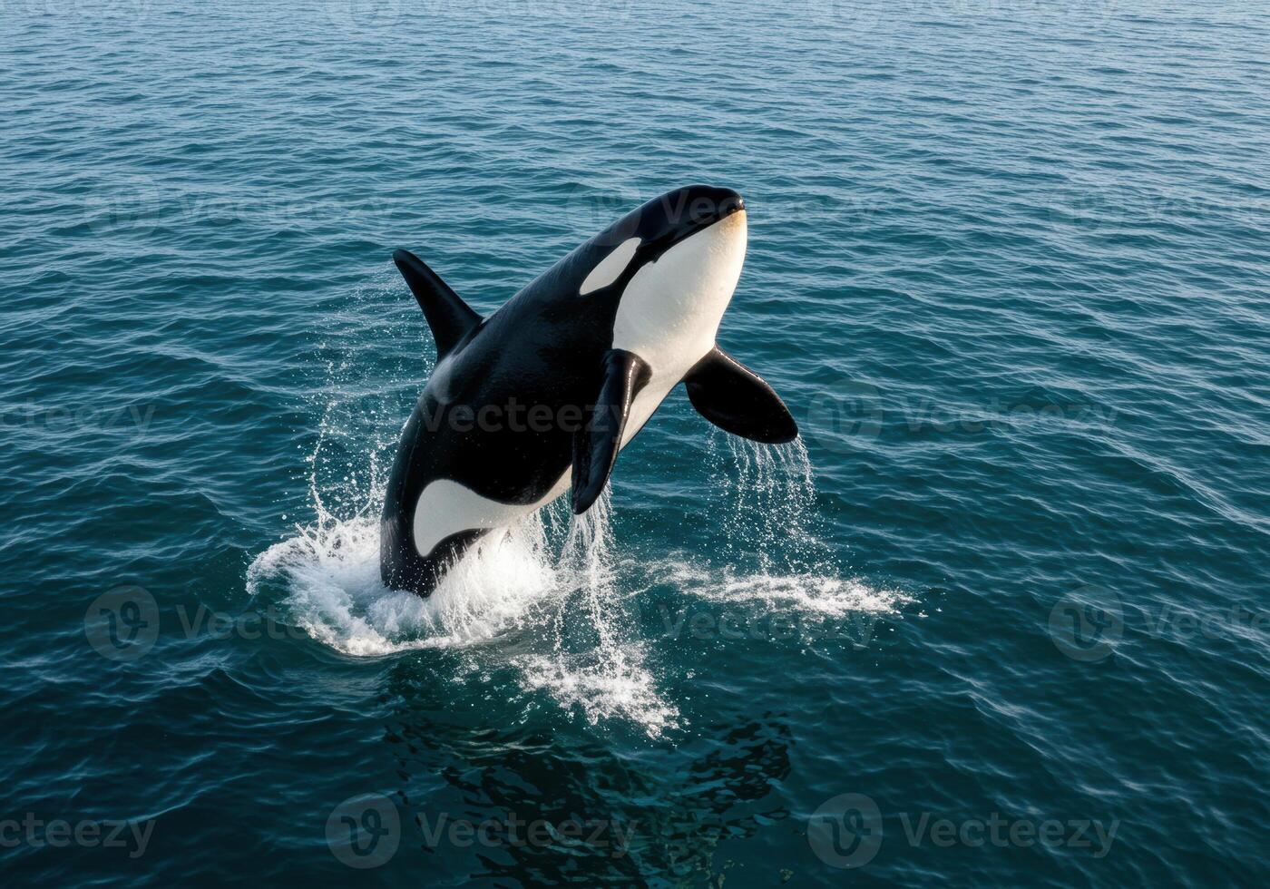 A magnificent orca whale leaps out of the water in a display of power and grace. photo