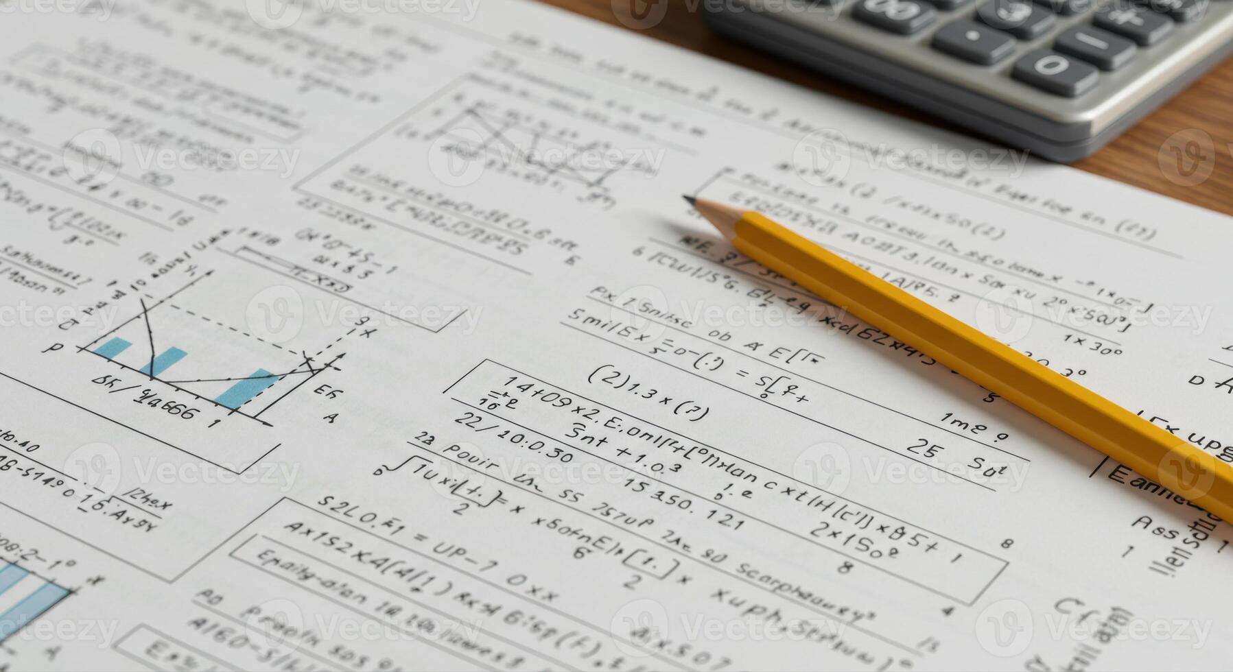 Detailed view of mathematical equations with a pencil, showing the complexity of math. photo