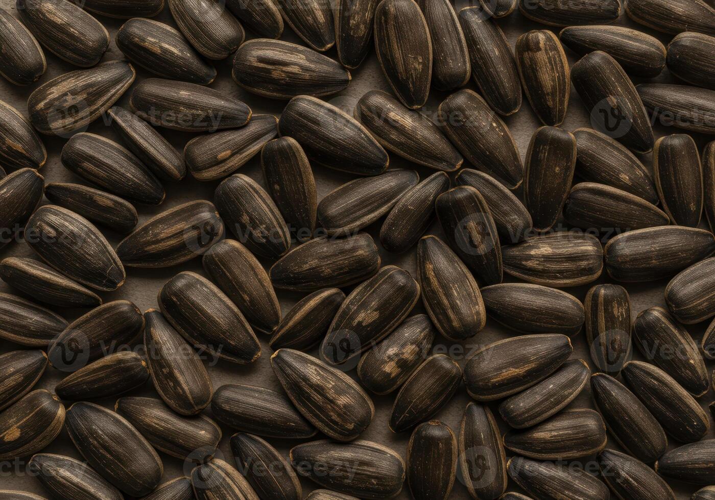 A high angle shot featuring a collection of sunflower seeds scattered on the surface. photo