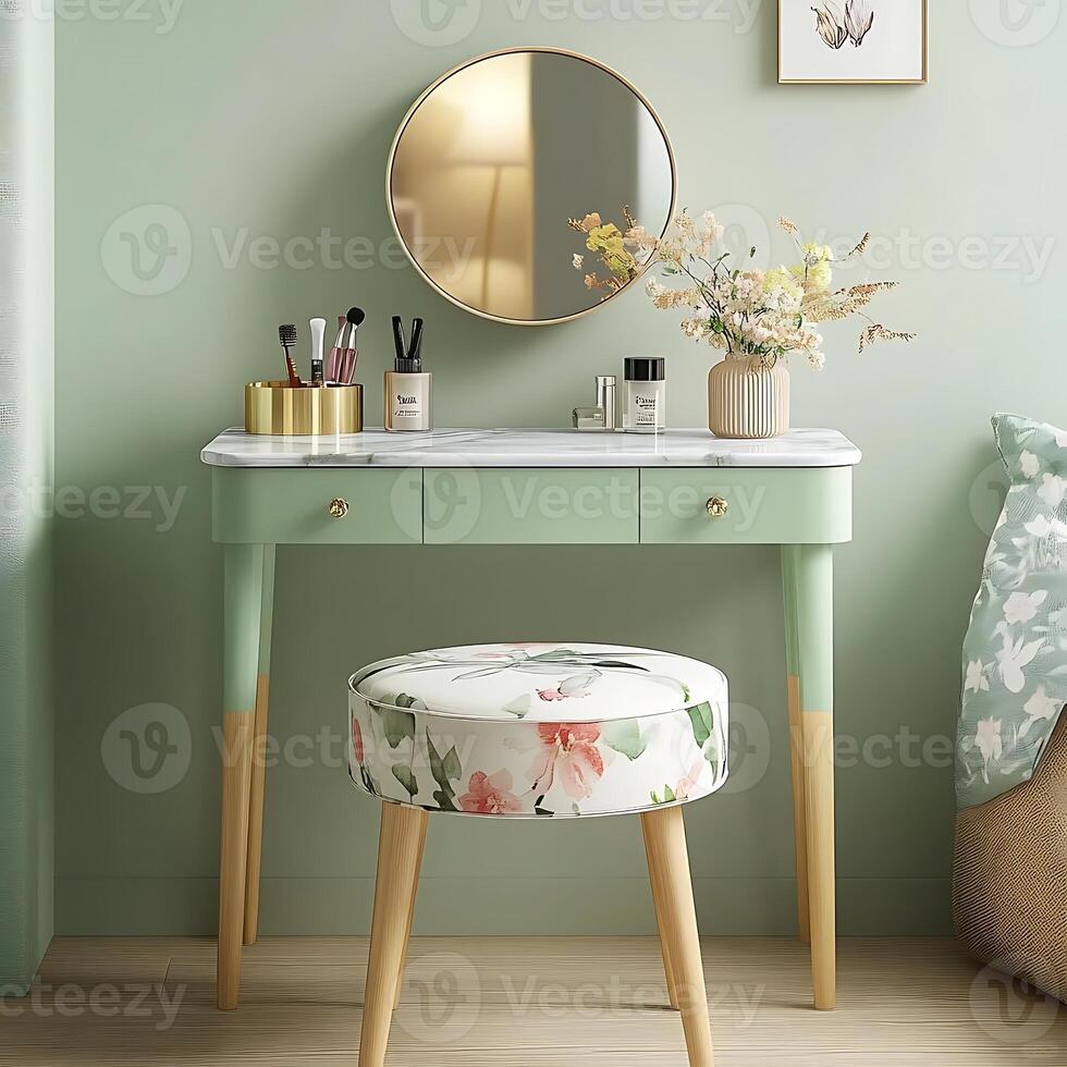 Elegant dressing table with round mirror and floral stool in a serene room interior showcasing home decor and beauty accessories for a stylish and comfortable lifestyle photo