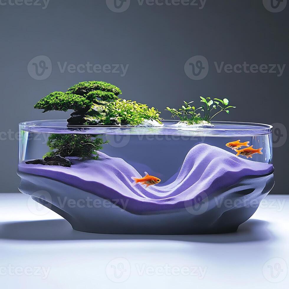 Tranquil Aquarium Scene with Goldfish Swimming in a Serene Landscape, Featuring Lush Green Plants and a Calming Aquatic Environment for Relaxation and Beauty photo