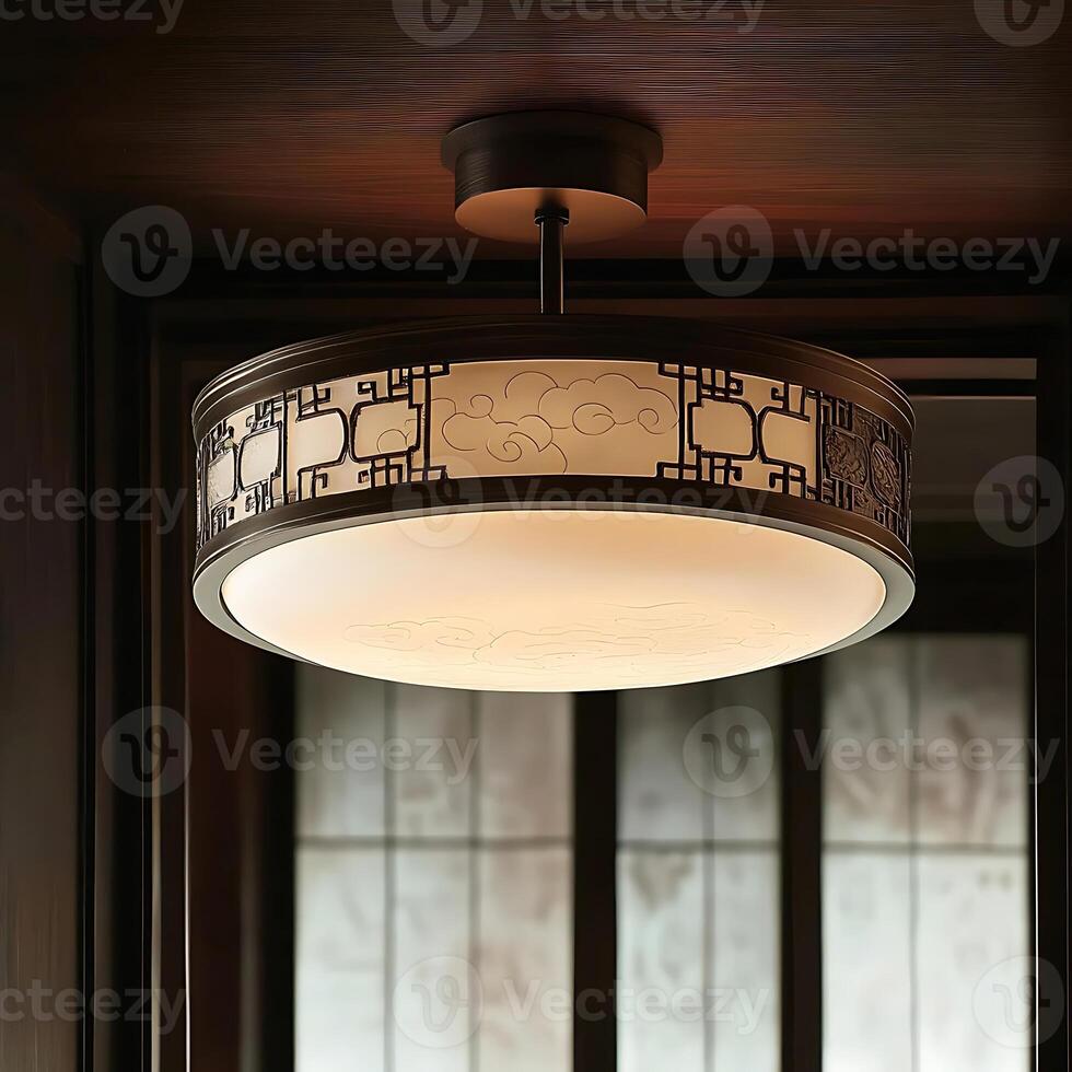 Elegant Asian Style Ceiling Lamp Illuminating a Room Interior, Showcasing Intricate Designs and Soft Lighting, Enhancing the Ambiance with a Warm and Inviting Glow photo