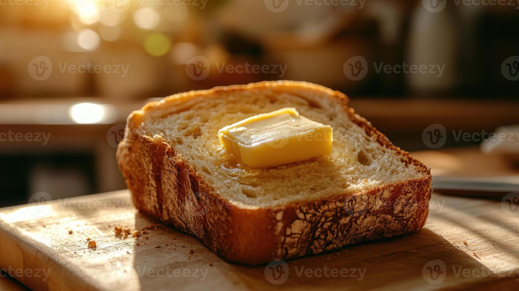 Golden slice of toast with melting butter on wooden board bathed in warm sunlight for breakfast enjoyment, a perfect representation of comfort food and simple pleasures photo
