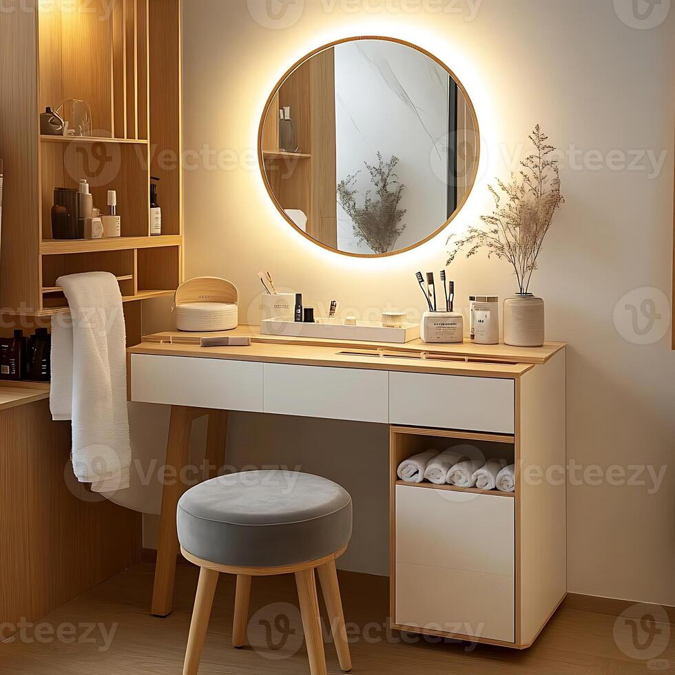 Elegant Bathroom Vanity with Round Illuminated Mirror Displaying Skincare Products and Decorative Vase, Providing a Serene and Modern Home Spa Atmosphere photo