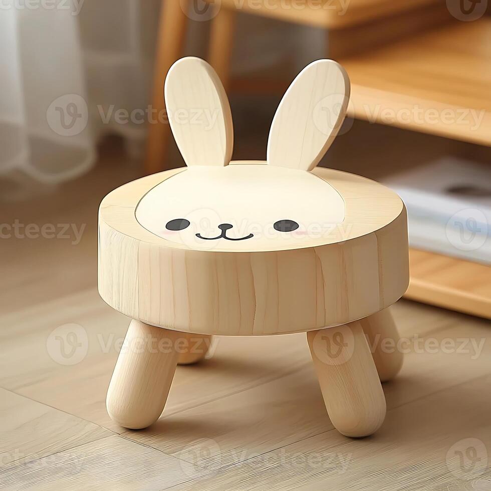 Adorable wooden bunny stool crafted with precision featuring charming cartoon face and ears for children's room decor and seating solution offering comfort and style photo