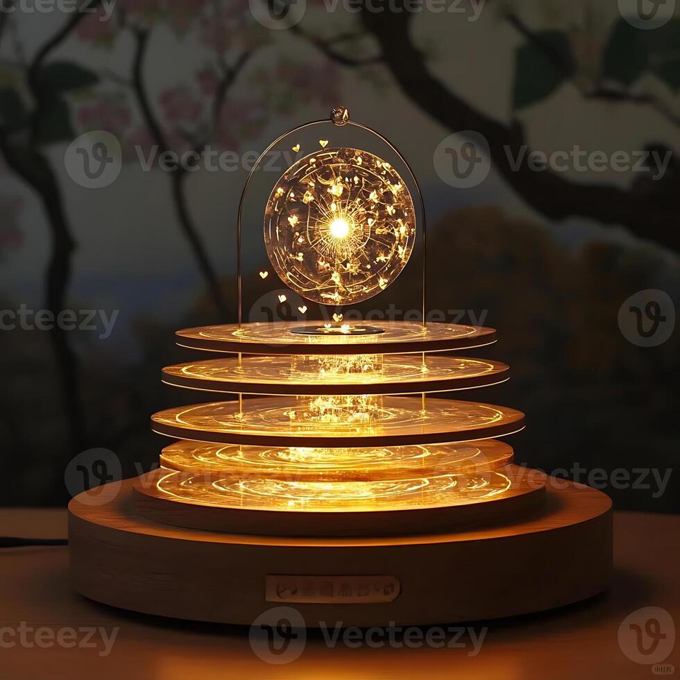 Illuminated decorative night lamp projecting stars and hearts, creating a warm ambient glow with layered acrylic discs and a wooden base, enhancing home decor photo