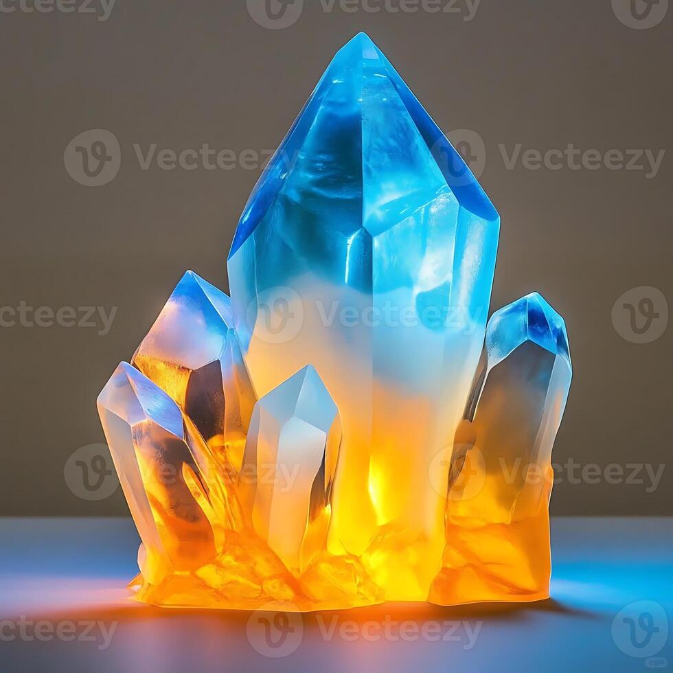 Captivating Blue and Orange Crystal Cluster Displaying Geometric Facets and Translucent Texture with Light Emanating From Its Core, Illustrating Mineral Beauty photo