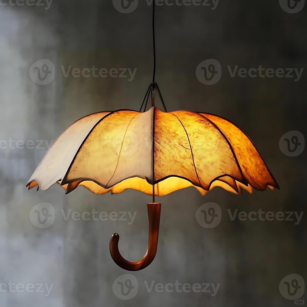 Unique Umbrella Lamp Illuminating a Room with Warm Light, a Creative Interior Design Element and Decorative Lighting Fixture Casting a Gentle Glow photo