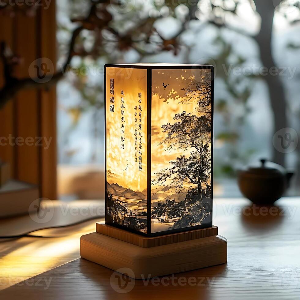 Elegant Asian Style Lamp Illuminating a Serene Landscape Painting on a Wooden Table, Creating a Peaceful Atmosphere in a Tranquil Interior Setting photo