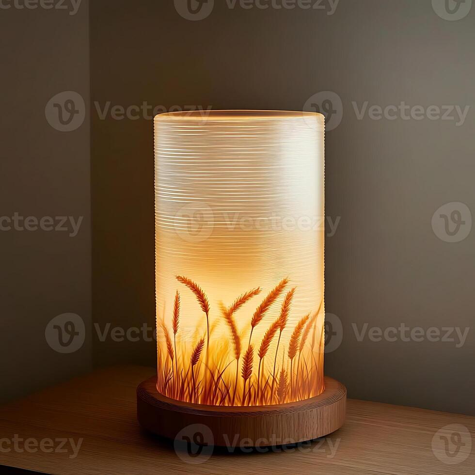 Illuminated Table Lamp with Wheat Stalk Design Casting a Warm Glow in a Serene Room Creating a Cozy and Inviting Atmosphere for Relaxation and Reading with its Unique Design photo