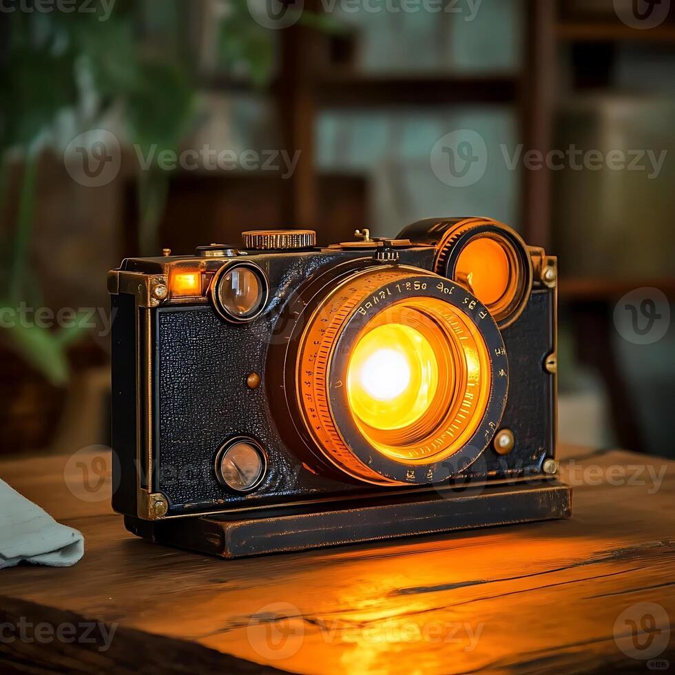 Vintage Camera Lamp Radiating Warm Light on Wooden Surface Creating a Nostalgic and Artistic Atmosphere for Interior Decoration Display photo