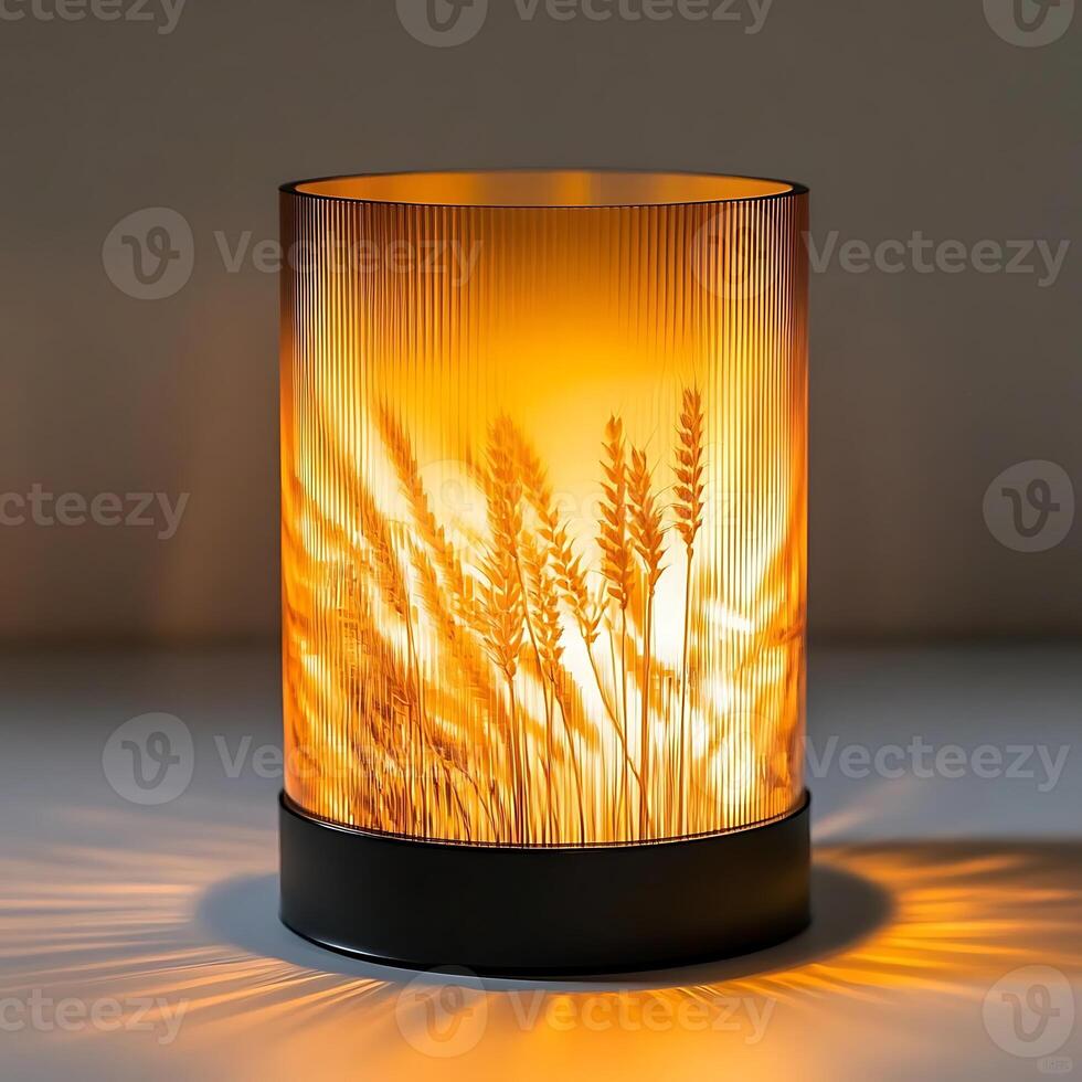 Illuminated cylindrical lamp showcasing a wheat field design casting warm light patterns, creating an ambiance of rustic charm and gentle illumination, bringing nature indoors photo