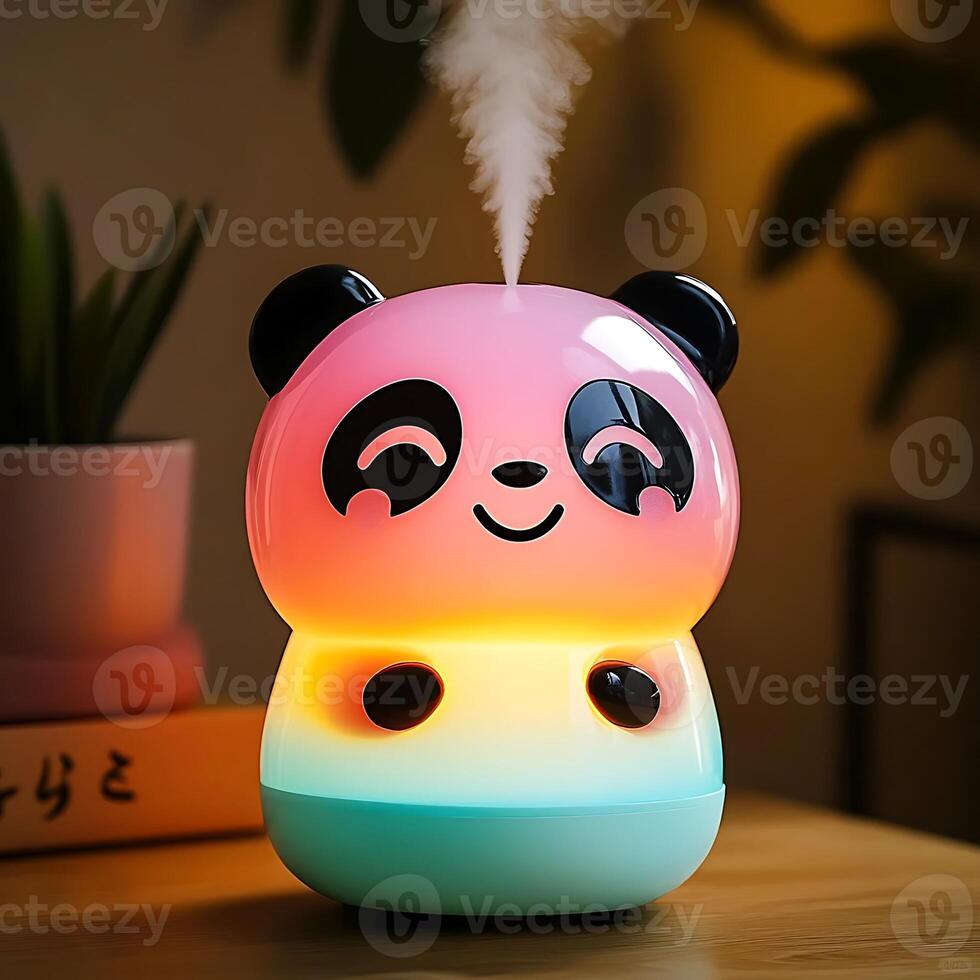 Adorable panda humidifier emitting soothing vapor in a cozy room with soft ambient lighting, creating a calming atmosphere and enhancing air quality for relaxation and wellness photo
