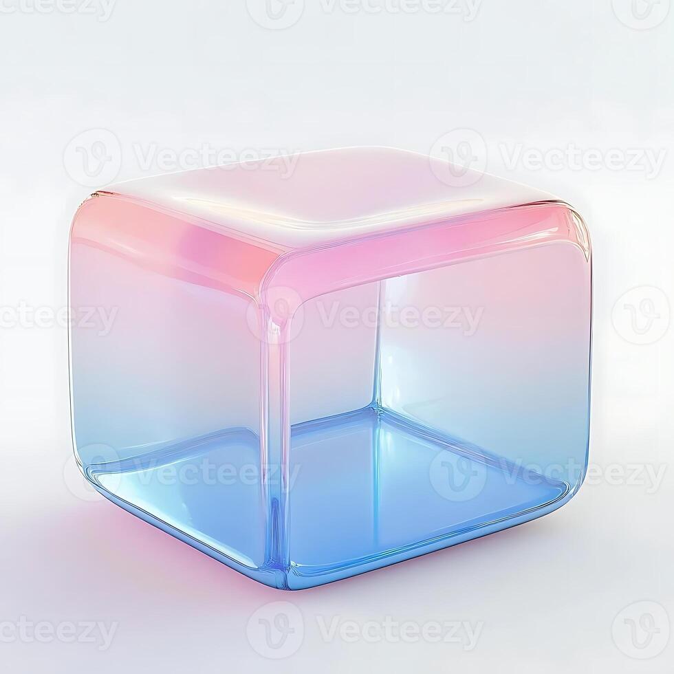 Iridescent Cube Reflecting Soft Pink and Blue Gradient Light with Smooth Rounded Edges Casting Subtle Shadow on White Background in Modern Design photo