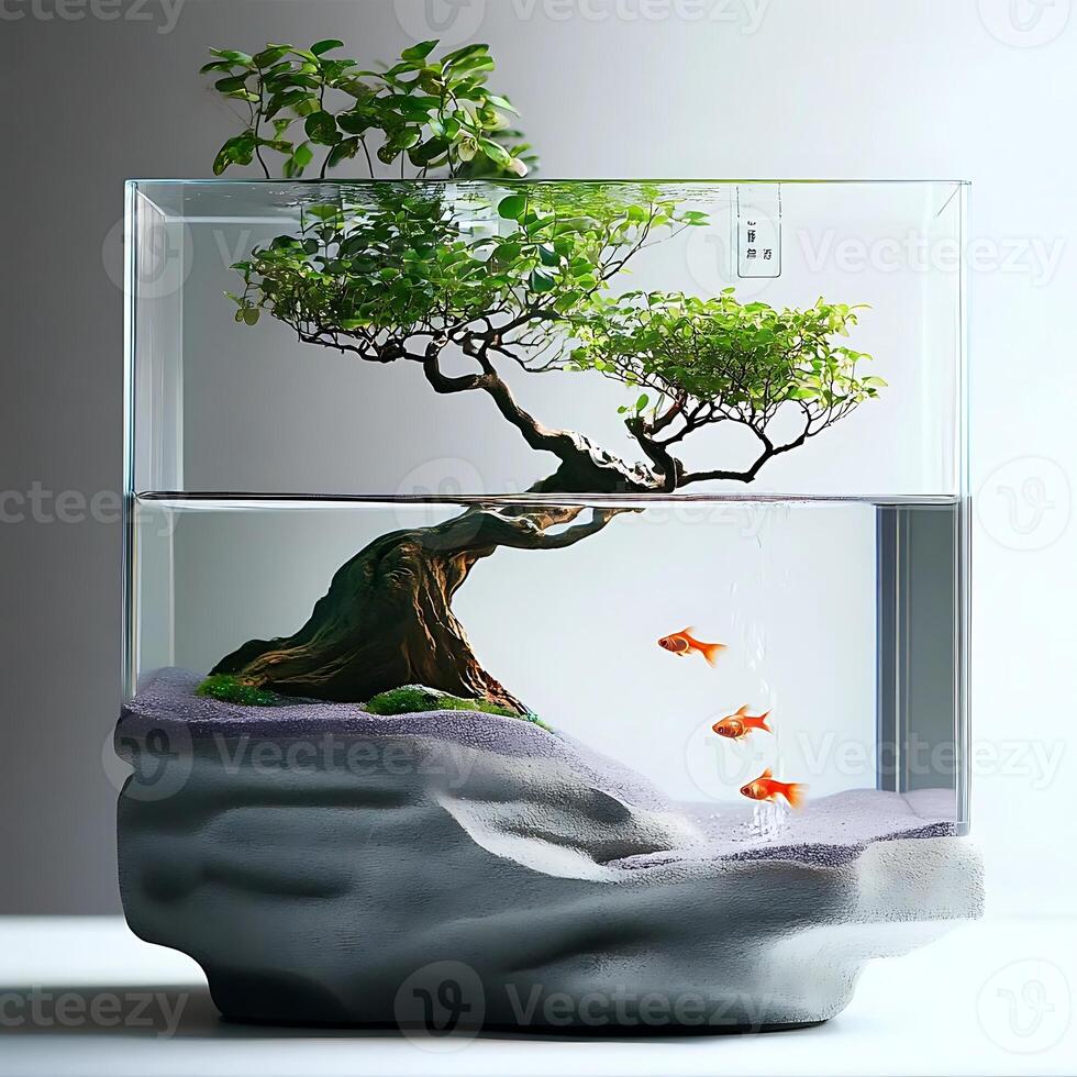 Tranquil Bonsai Tree and Goldfish Aquarium Displaying Harmony Between Nature and Aquatic Life in a Contemporary Design, Showcasing Serenity and Balance with Lush Greenery and Vibrant Fish photo