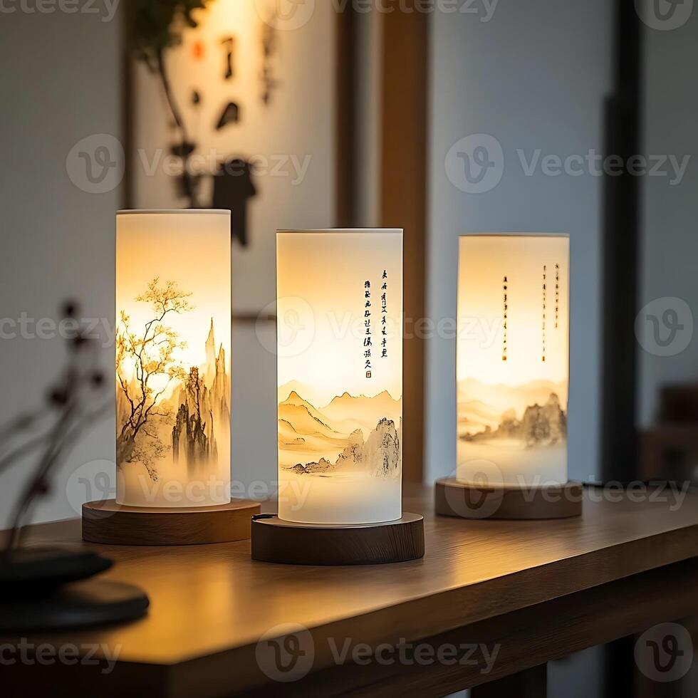 Three illuminated cylindrical lamps displaying serene Asian landscape paintings resting on a wooden table creating warm ambient light in an interior setting enhancing decor photo