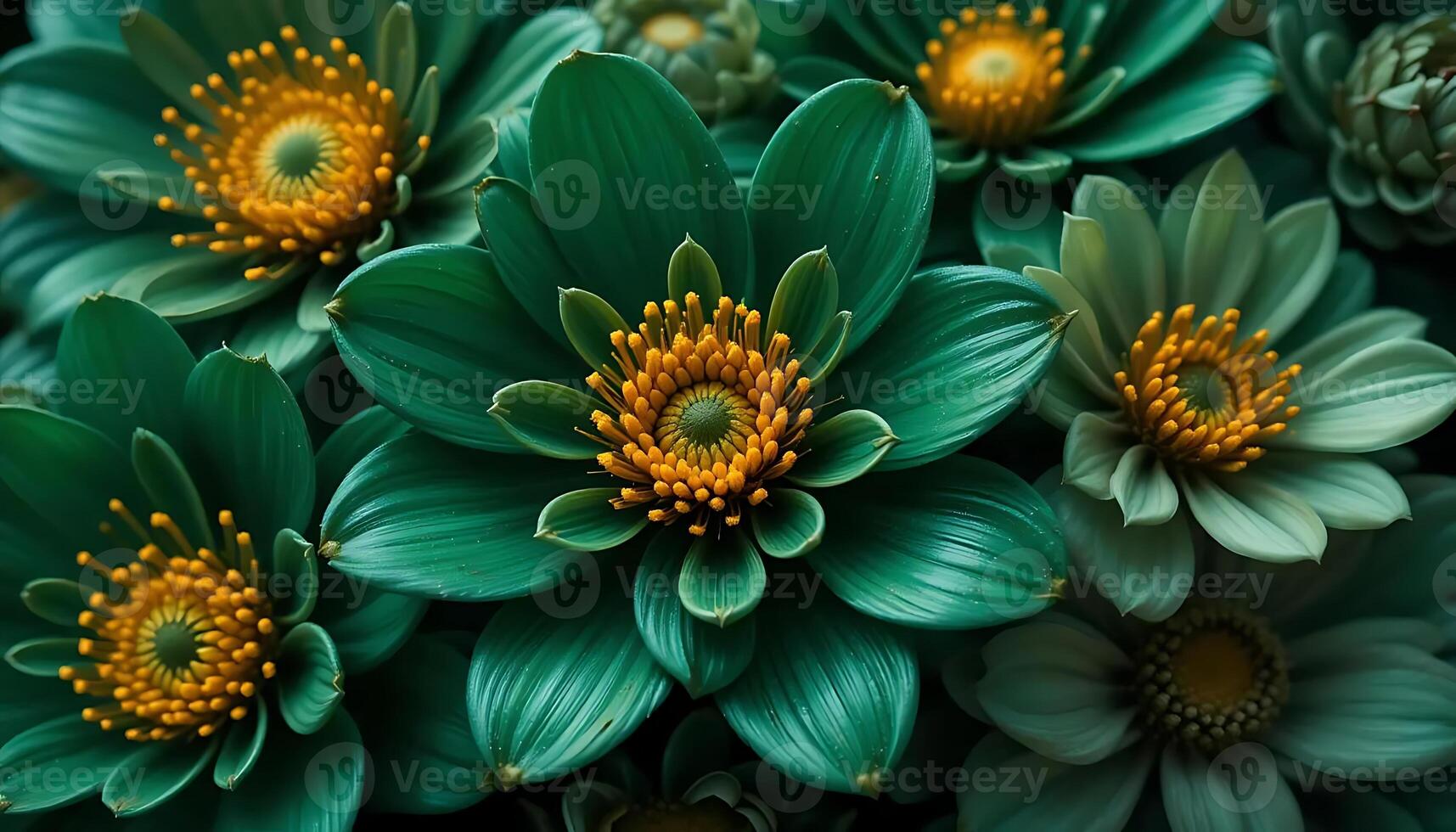 Captivating close up of vibrant green lotus flowers with golden yellow centers, showcasing detailed petal texture and floral arrangement in natural light for botanical beauty photo